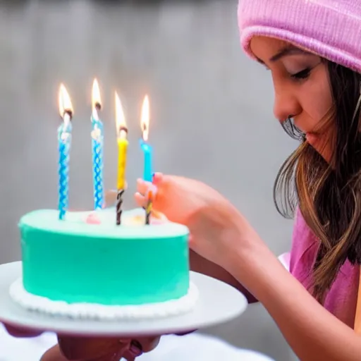 Prompt: a iPhone photo of a young woman blowing out the candles on her birthday cake