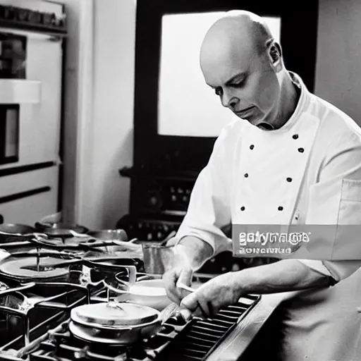 Prompt: brian eno cooking in the studio, high quality press photo,