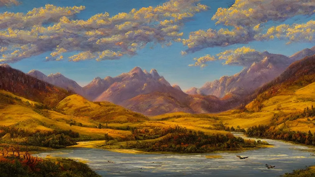 Prompt: The most beautiful panoramic landscape, oil painting, where the mountains are towering over the valley below their peaks shrouded in mist, the sun is just peeking over the horizon producing an awesome flare and the sky is ablaze with warm colors, lots of birds and stratus clouds. The river is winding its way through the valley and the trees are starting to turn yellow and red, by Greg Rutkowski, aerial view