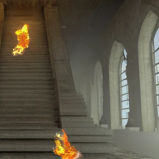 Image similar to a staircase leading up to a door with fire coming out of it, a digital rendering by kamal ud - din behzad, cg society, happening, hellish background, hellish, unreal engine