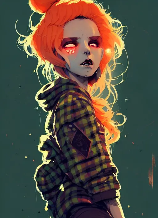 Prompt: highly detailed portrait of a sewer punk lady, tartan hoody, blonde ringlet hair by atey ghailan, by greg rutkowski, by greg tocchini, by james gilleard, by joe fenton, by kaethe butcher, gradient orange, black, blonde cream and white color scheme, grunge aesthetic!!! ( ( graffiti tag wall background ) )