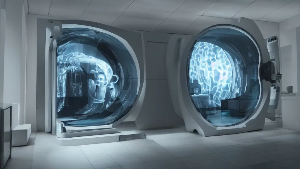 Image similar to an mri image open mri machine portal in the living room, film still from the movie directed by denis villeneuve with art direction by salvador dali, wide lens