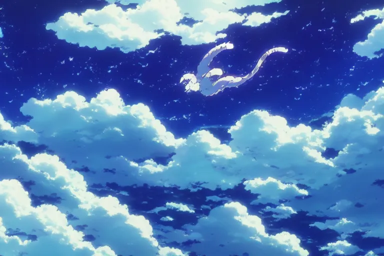 Prompt: painting of a dreamy cloudscape, a flying leviathan in the foreground, exterior wide shot, otherworldly and ethereal by kazuo oga in the anime film by studio ghibli, screenshot from the anime film by makoto shinkai