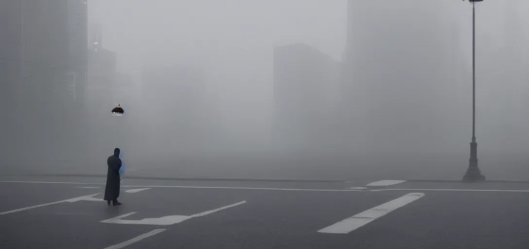Prompt: a duck battling a humanoid megastructure street lamp, fog, cinematic shot, still from a movie by bong joon - ho