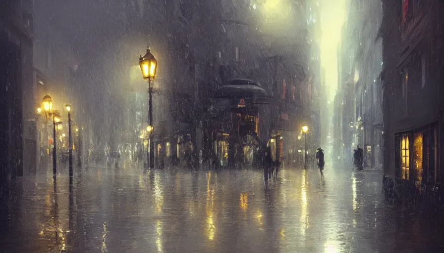 Prompt: city street in early xx century in early evening by street lights during rain, shadows, reflections, epic composition, intricate, elegant, volumetric lighting, digital painting, highly detailed, artstation, sharp focus, illustration, concept art, ruan jia, steve mccurry