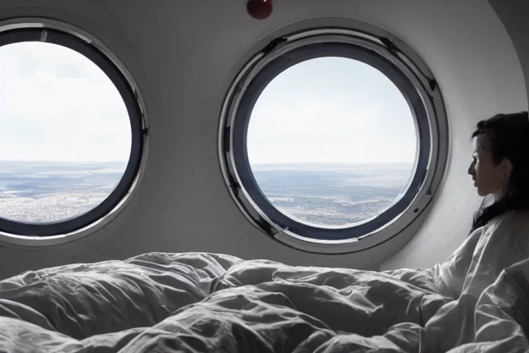 Image similar to sci-fi scene of space tourists in glamourous spaceship bedroom looking out large circular window at earth orbit By Emmanuel Lubezki