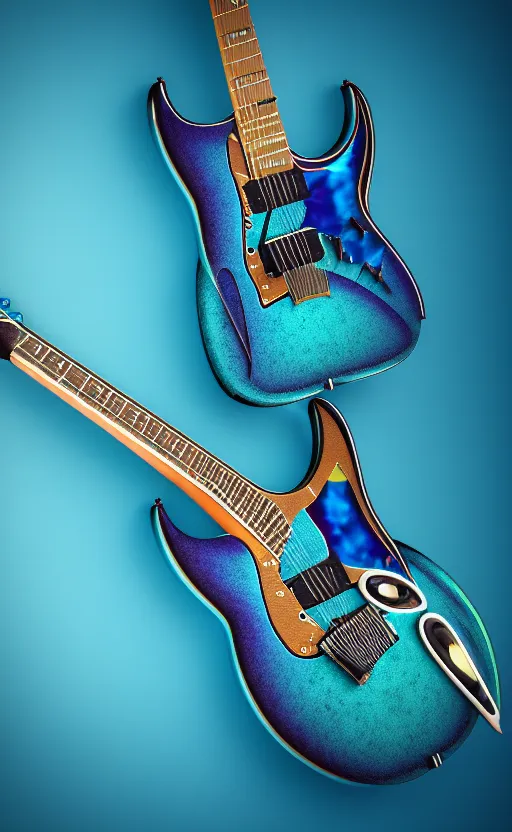 Prompt: award winning photograph of an electric guitar shaped as a bird of paradise, teal colors, 3 d hyperrealistic 8 k image style, detailed render, stunning studio photograph with dramatic lighting, depth of field