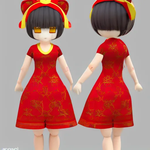 Image similar to cute fumo plush of a girl in a red and gold patterned dress, stylized material bssrdf, vray, anime girl