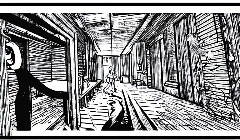 Prompt: First-person horror game, PC game with UI, by Junji Ito