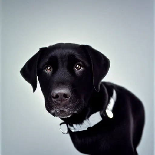 Prompt: medium format photo of a young black lab looking happily at the camera photographed by william wegman in a hi end photo studi