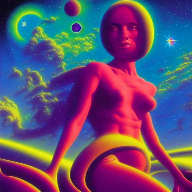 Image similar to cosmic girl, 2 0 yo, medium close - up, bright neon colors, highly detailed, cinematic, panoramic, tim white, michael whelan, roger dean, bob eggleton, philippe druillet, vladimir kush, kubrick, alfred kelsner, boris vallejo