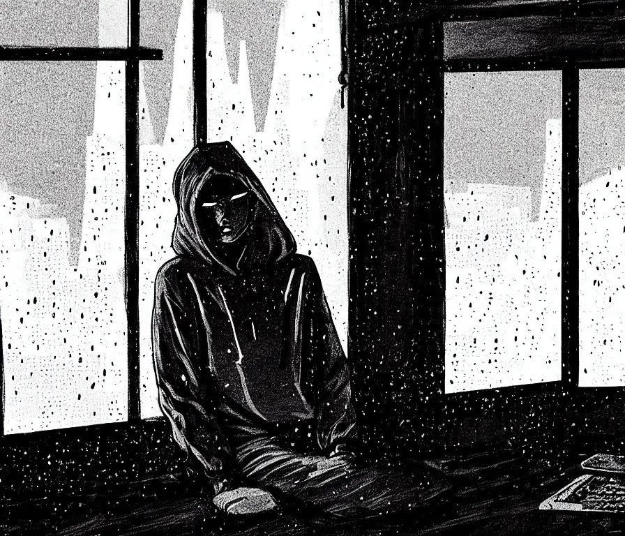 Prompt: sadie sink in hoodie sits on windowsill, knees tucked in | rain falls at night : storyboard, scifi cyberpunk. by gabriel hardman. cinematic atmosphere, detailed and intricate, perfect anatomy