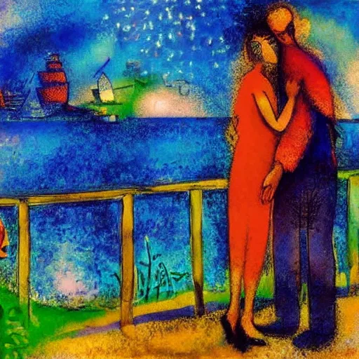 Image similar to a beautiful computer art of a man and a woman are standing on a dock, looking out at a body of water. the woman has her hand on the man's shoulder, and they appear to be deep in conversation. the colors in the computer art are muted, and the scene has a calming feeling. by bruce munro, by marc chagall natural, weary