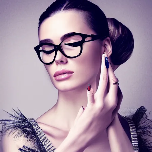 Image similar to middle aged beautiful french woman with blonde hair tied in a strict bun, busy manicuring nails, spectacles, lots of makeup, arrogant, rich, expensive voluminous dress, digital art, high quality, 8 k, detailed, d & d character,