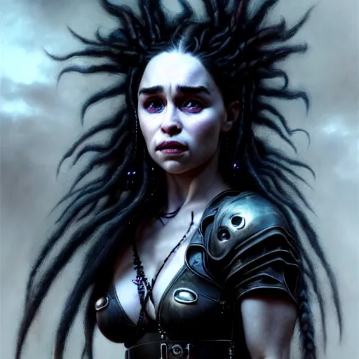 Prompt: portrait of emilia clarke cybergoth dreadlocks, dark, piercing eyes, exotic expression, esoteric clothing, photorealistic, highly detailed, mysterious lighting, artstation, smooth, sharp focus, art by michael whelan, artgerm, greg rutkowski and luis royo