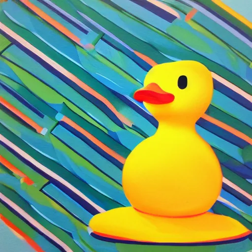 Image similar to rubber duck painting in the style of frank stella, concentric lines, overlapping lines, very colorful