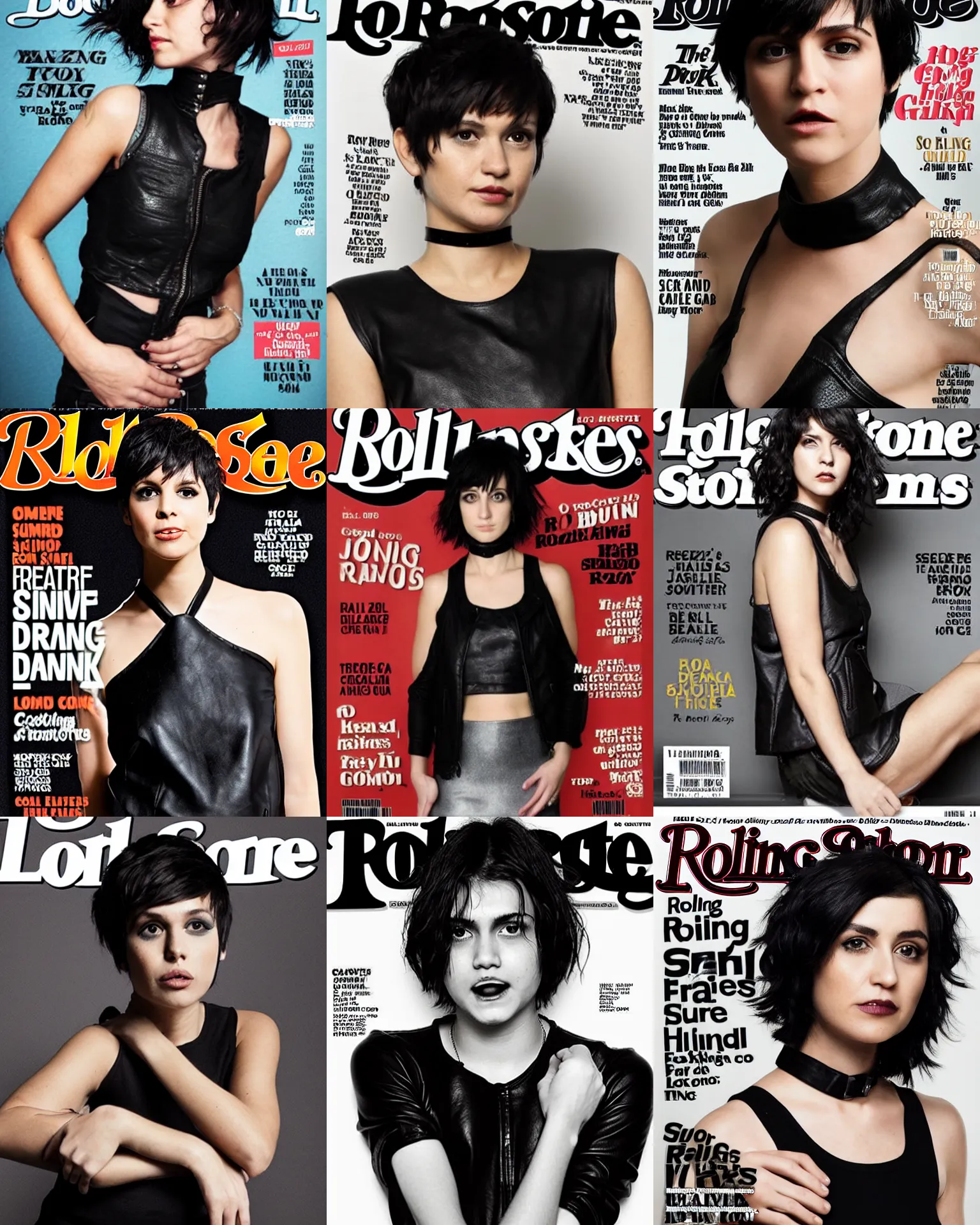 Prompt: a photoshoot for Rolling Stone magazine. Her hair is dark brown and cut into a short, messy pixie cut. She has a slightly rounded face, with a pointed chin, large eyes with pitch black sclerae, and a small nose. She is wearing a black tank top, a black leather jacket, a black knee-length skirt, a black choker, and black leather boots.