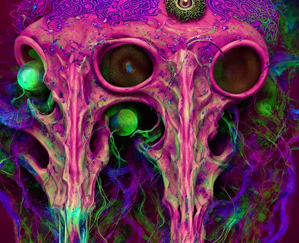 Image similar to psychedelic shaman close - up portrait goat skull. jellyfish phoenix head, nautilus, orchid, monkey skull, betta fish, bioluminiscent creatures, intricate artwork by tooth wu and wlop and beeple. octane render, trending on artstation, greg rutkowski very coherent symmetrical artwork. cinematic, hyper realism, high detail, octane render, 8 k