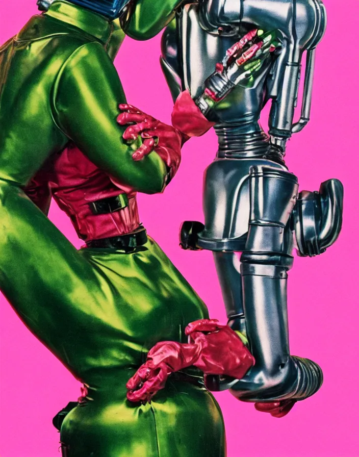 Prompt: a female housewife being hugged by a retro metal - suited robot, 1 9 5 0 s horror film movie poster style, ( norman rockwell oil painting ), close - up shot, tight shot, retro science fiction, vintage, saturated pink and green lighting, shadowy lighting, cohesive