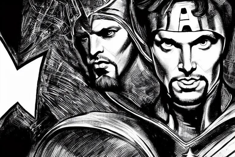 Prompt: black and white drawing of captain america wearing doctor strange costume by sandro botticelli in 4 k ultra high resolution, with inspiring feeling