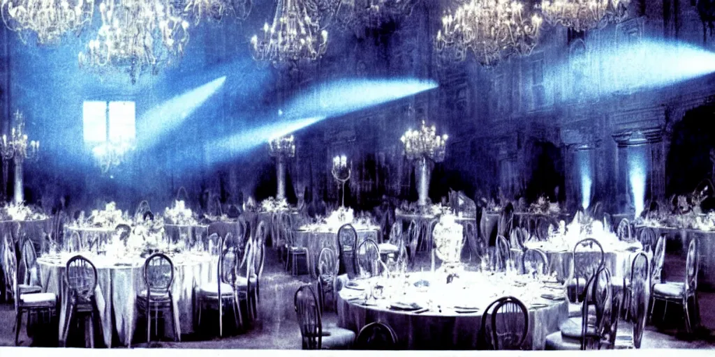 Image similar to a blue glowing phantom hovers inside of a banquet hall ( 1 9 8 4 ).