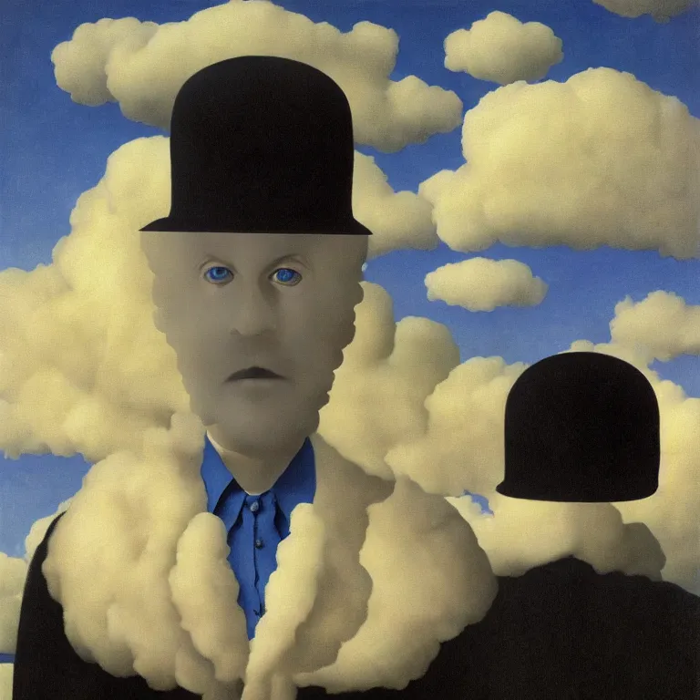 Image similar to portrait of a scary creepy ghost death, clouds in the background, by rene magritte, detailed painting, distance, middle centered, hd, hq, high resolution, high detail, 4 k, 8 k