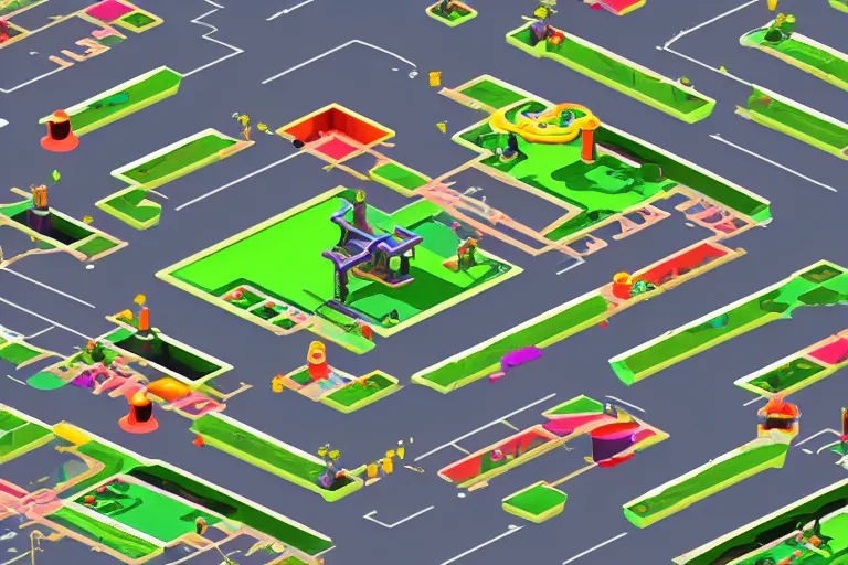 Image similar to isometric view of a splatoon 2 level, inspired by modern skate parks and modern chinese playgrounds in the style of splatoon, day