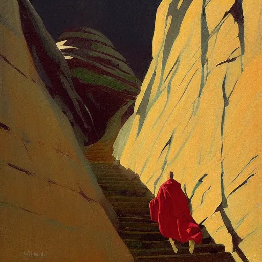 Image similar to sienna portrait of the astute monk crimson robe climbing the treacherous mountain stairway to the monastery jamie wyeth james gilleard edward hopper greg rutkowski acrylic painting