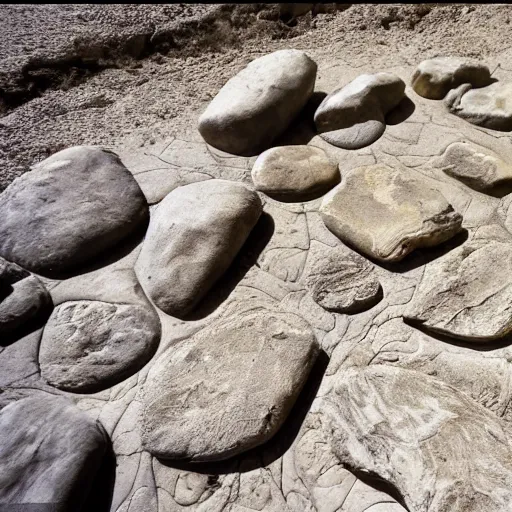 Prompt: detailed footage of european writing in stone in a river, photographic journalism, hunger stones, realistic, european river, carvings of drought and famine