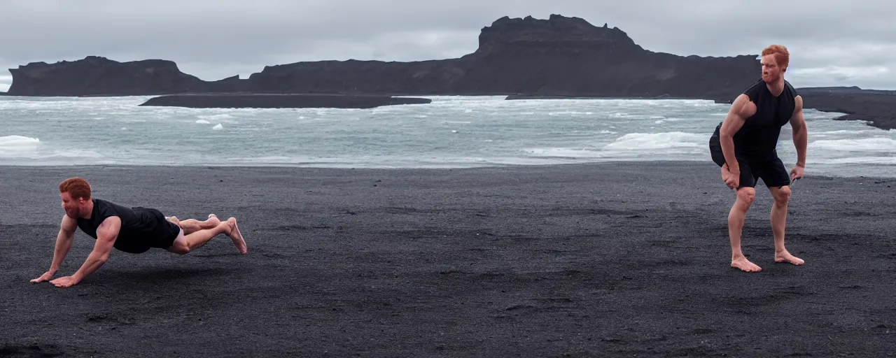 Image similar to cinematic shot of giant symmetrical ginger handsome gym bro doing pushups in the middle of an endless black sand beach in iceland with icebergs in the distance,, 2 8 mm