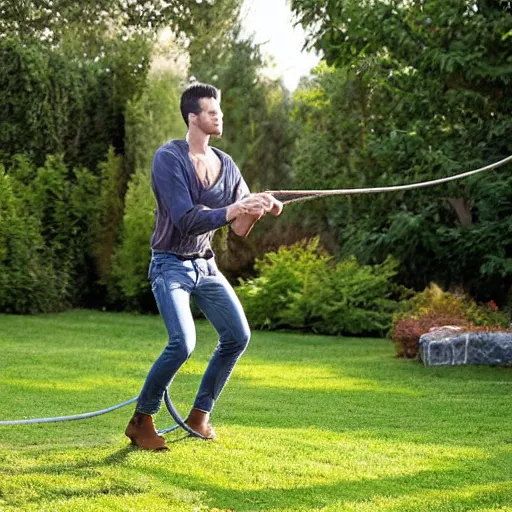 Image similar to man swinging a long horse whip around in the backyard, realistic photo