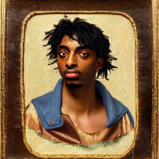 Image similar to a renaissance style portrait painting of playboi carti