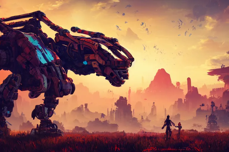 Image similar to scrapper machine mecanical creature robot of horizon forbidden west horizon zero dawn radiating a glowing aura global illumination ray tracing hdr fanart arstation by ian pesty and alena aenami artworks in 4 k