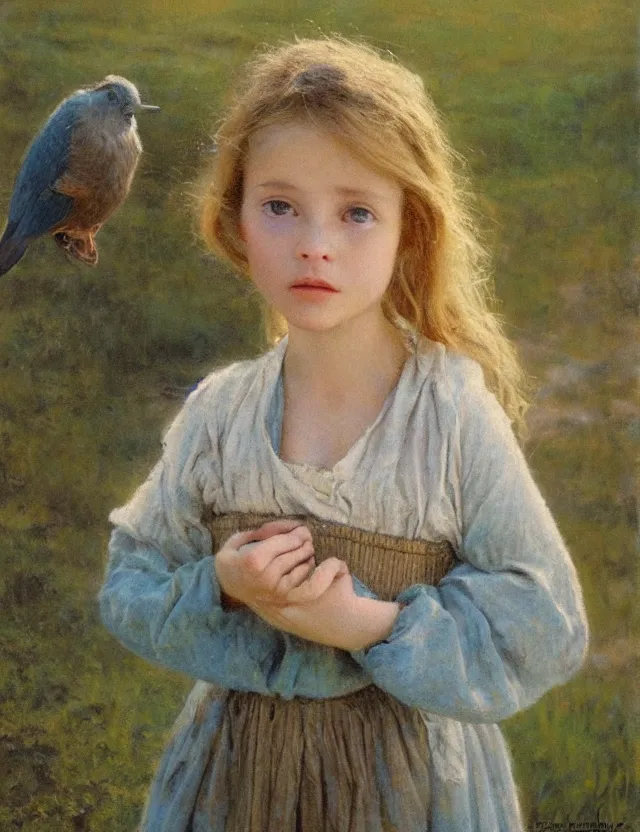 Image similar to portrait of little peasant girl setting free a bird, cottage core, cinematic focus, polaroid photo bleached vintage pastel colors high - key lighting, soft lights, foggy, by steve hanks, by lisa yuskavage, by serov valentin, by tarkovsky, 8 detailed, oil on canvas