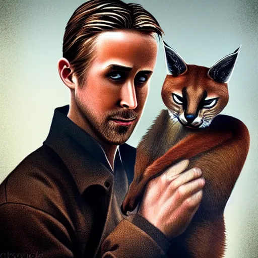 Image similar to Ryan Gosling holds a caracal cat in his hands, ultra highly detailed, smooth, sharp focus, digital art, digital painting, fan art, elegant, artstation