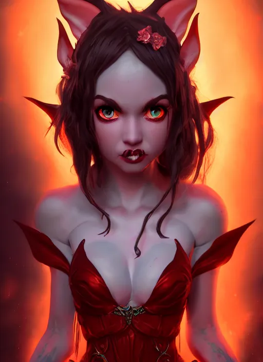 Image similar to imp demon goddess, cute elf ears, strapless dress, character portrait in the style of thomas river and artgerm, cinematic lighting, hyperdetailed, 8 k realistic, symmetrical, global illumination, radiant light,, frostbite 3 engine, cryengine, dof, trending on artstation, digital art, chanel