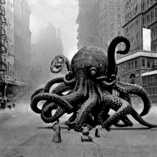 Image similar to old black and white photo, 1 9 1 3, depicting a giant alien dieselpunk octopus rampaging through the bustling streets of new york city, historical record