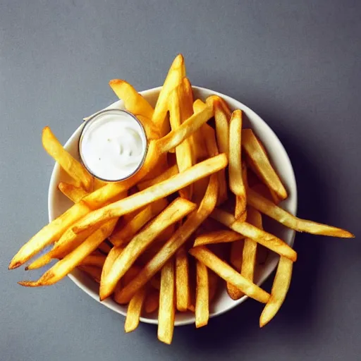 Prompt: photo of french fries with mayo on the side in the style of maximalism, product photo