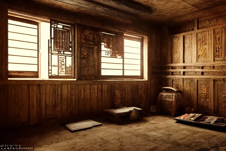 Prompt: artstation scifi scene of a shabby chinese rural room, earth kang, wooden bookcase, a small lotus shrine, in winter paneled walls, unreal engine 5, hyper realism, realistic shading, cinematic composition, blender render, octane render, hdr, detailed textures, photorealistic, wide shot