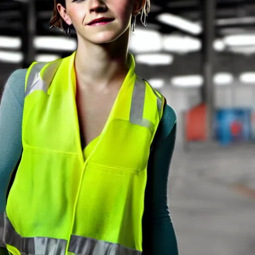 Image similar to photo, close up, emma watson in a hi vis vest, in warehouse, android cameraphone, humidity haze, 2 6 mm,