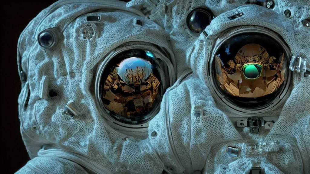 Image similar to a single astronaut eva suit interwoven with diamond 3d fractal lace iridescent bubble 3d skin and covered with insectoid compound eye camera lenses floats through the living room, film still from the movie directed by Denis Villeneuve with art direction by Salvador Dalí, wide lens,