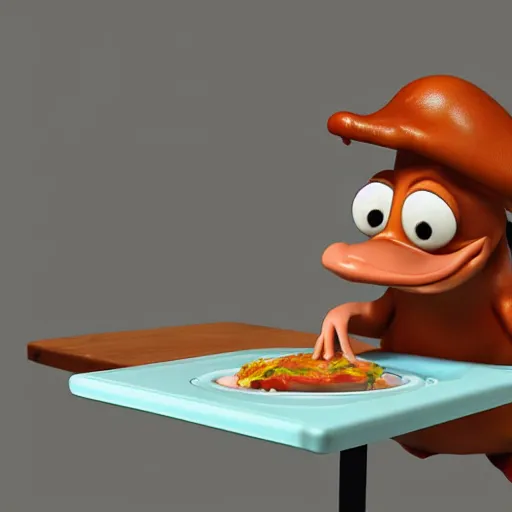 Image similar to pixar 3 d style cute platypus on a kitchen wearing a chef hat and holding a lasagna into an oven, pixar style, 3 d, ratatouille style