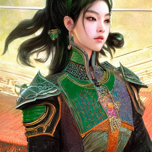 Image similar to portrait black hair young knights of Dynasty Warriors girl, metallic green armor, in ruin fire chinese palace sunrise, ssci-fi and fantasy, intricate and very beautiful and elegant, highly detailed, digital painting, soft light, artstation, concept art, smooth and sharp focus, illustration, art by tian zi and WLOP and alphonse mucha