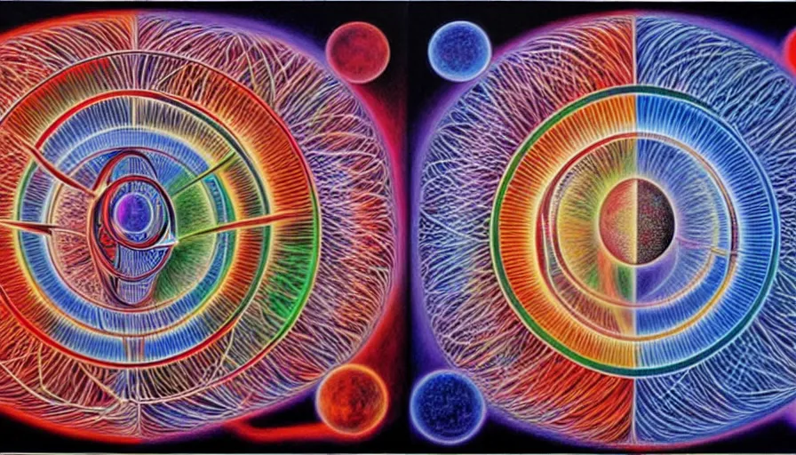 Image similar to the two complementary forces that make up all aspects and phenomena of life, by Alex Grey ,