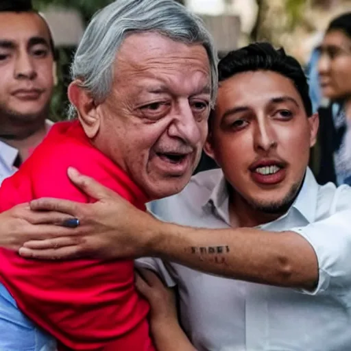 Image similar to amlo strangling with luisito comunica