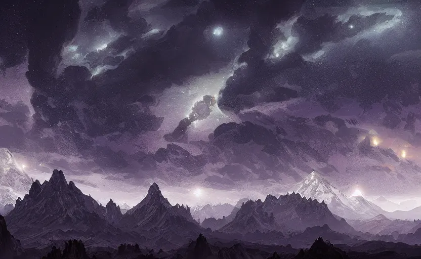 Image similar to mountains, stars and paisley filled sky, artstation, intricate, highly detailed, digital painting, concept art, sharp focus, illustration by Raphael Lacoste and Yoshitaka Amano