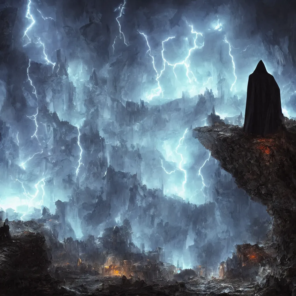 Image similar to a still of a cloaked figure standing in the ruins of crux prime, monastery, there is lightning, blue fiery maelstrom in the distance, it is raining, digital art, artstationhq