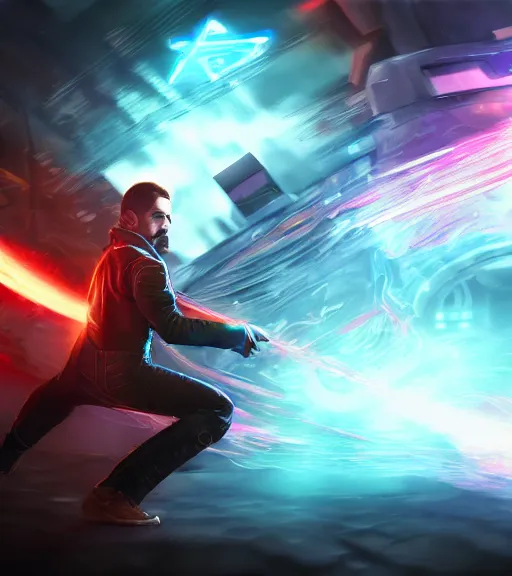 Prompt: a man in a holographic cloak firing a mechanical gatling gun, character splash art, fighting pose, action pose, digital painting, WLOP, trending on artstation, 8k, epic composition, highly detailed, sharp focus