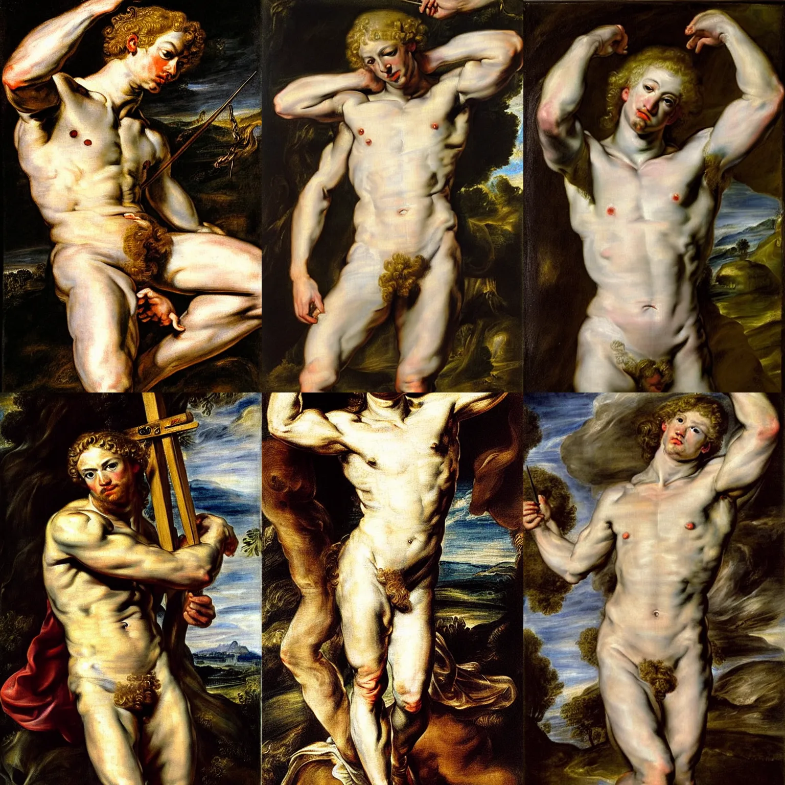 Prompt: painting of the pale blond saint sebastian by peter paul rubens, voluptuous male, very very pale white skin, long curly blond hair, baroque curls