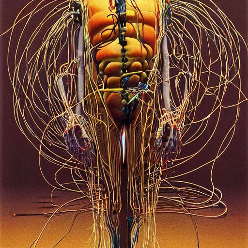 Image similar to a cyborg with many wires and cables Bursting out of them uncontrollably by Zdzisław Beksiński and syd mead